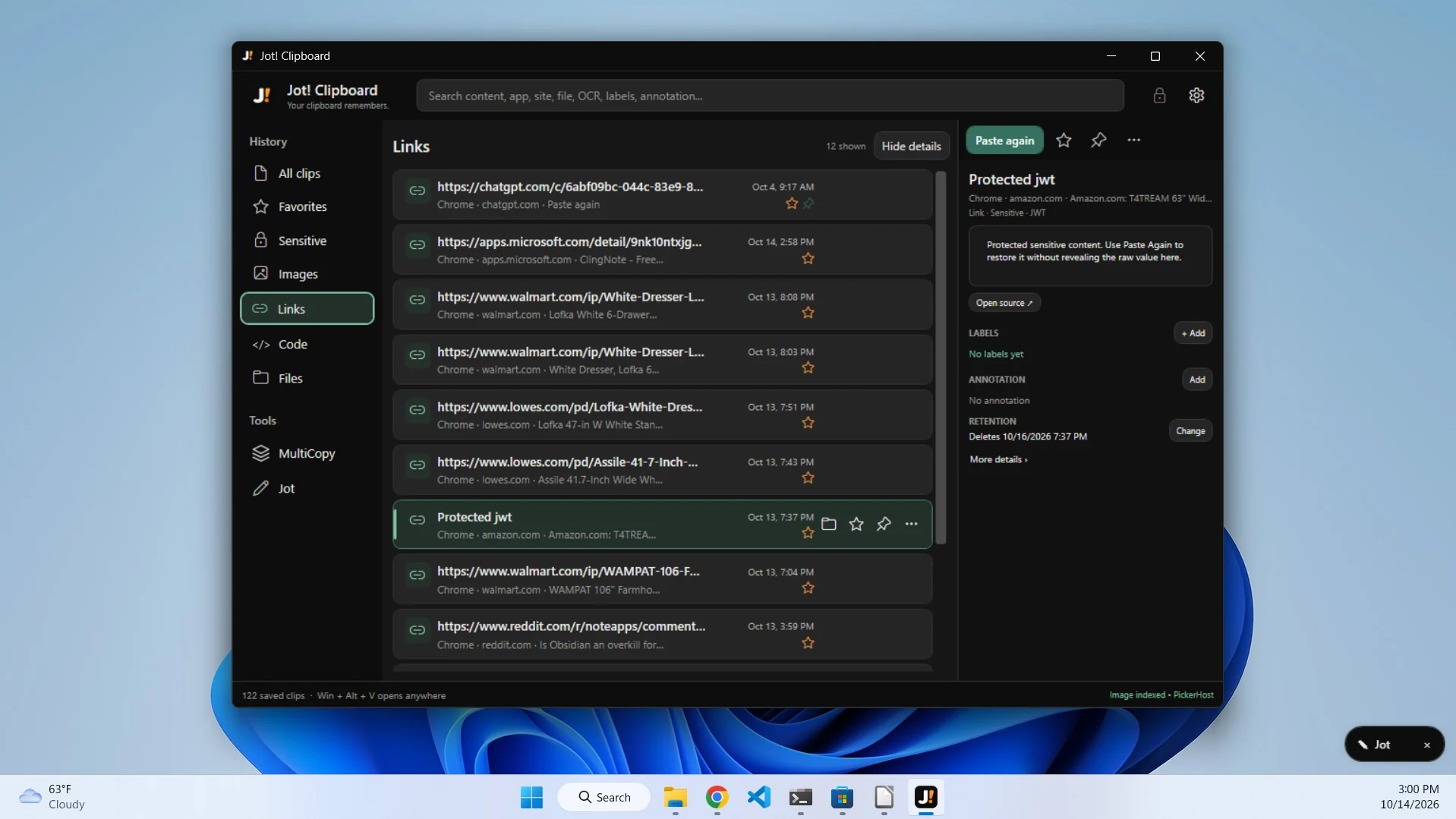Jot! Clipboard dark charcoal theme