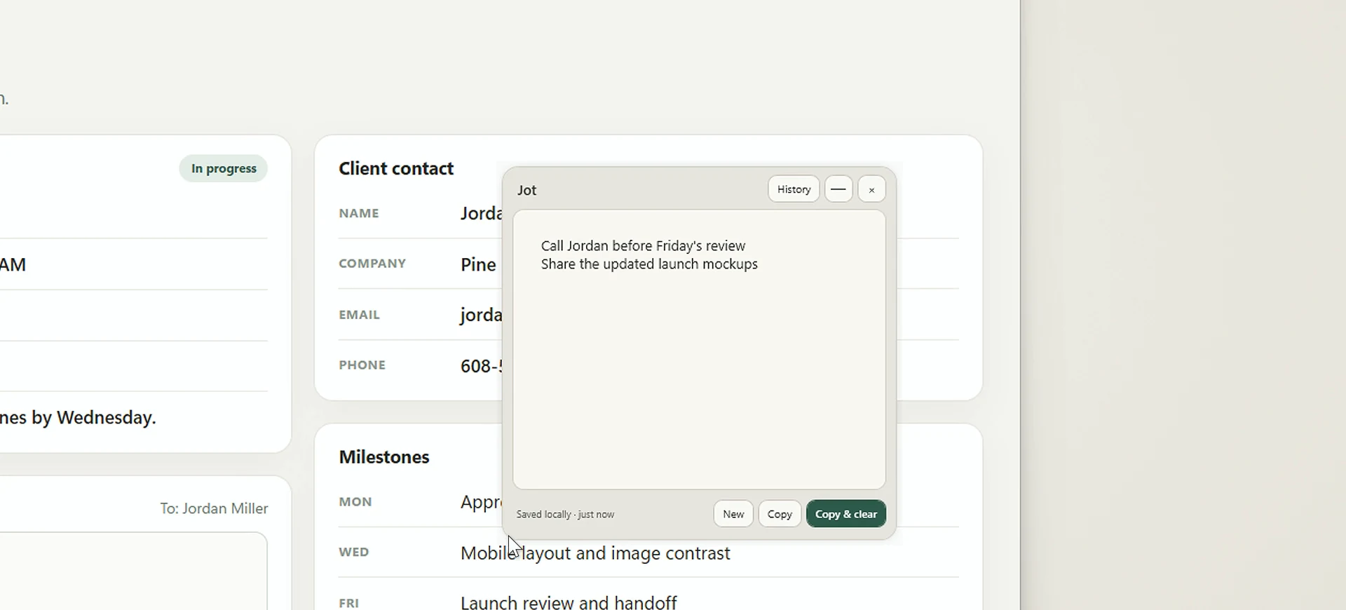 Real floating Jot notepad over a sample project workspace